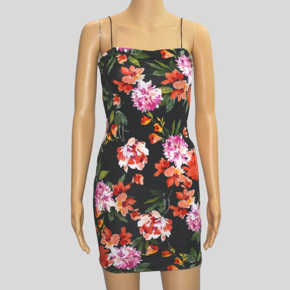 Black Mini Dress with Colorful Floral Design
